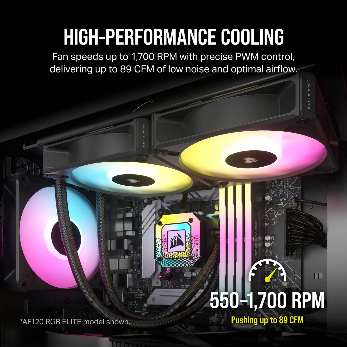 Corsair iCUE AF140 RGB Elite 140mm PWM Fan - Eight RGB LEDs - AirGuide Technology - Fluid Dynamic Bearing - Zero RPM Fan Mode - CORSAIR iCUE Software Compatible - Black