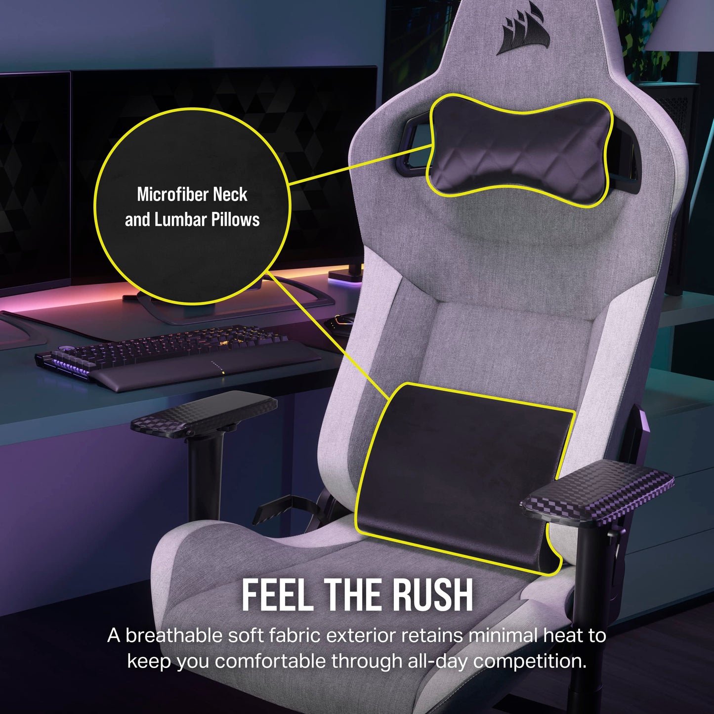 Corsair T3 Rush Fabric Gaming Chair (2023) – Racing-Inspired Design – Soft Fabric Exterior – Padded Neck Cushion – Memory Foam Lumbar Support – Adjustable Seat Height – Gray and White