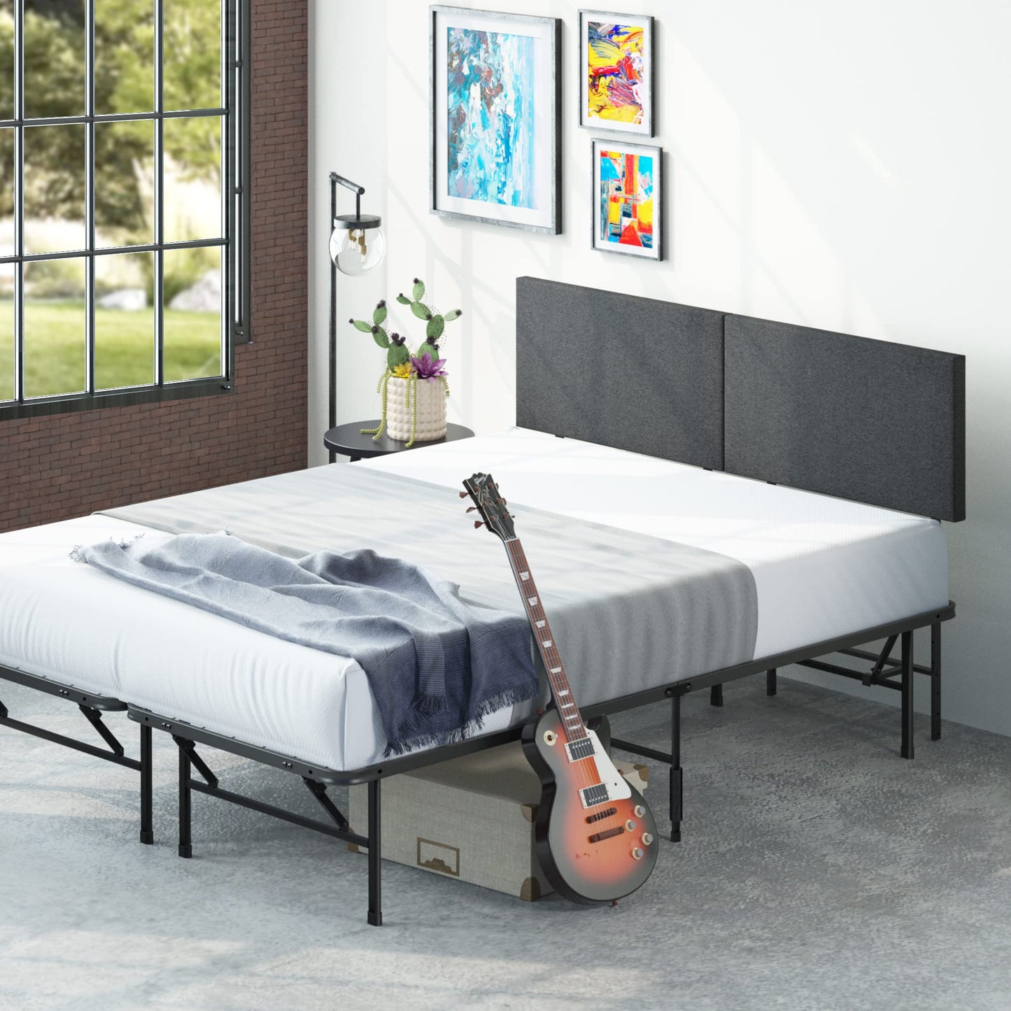 Zinus SmartBase Mattress Foundation with Upholstered Headboard, 42 Inch Metal Platform Bed Frame,No Box Spring Needed, Sturdy Steel Frame,Adjustable Headboard Height, Queen