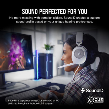 CORSAIR HS65 SURROUND Multiplatform Wired Gaming Headset – Dolby Atmos – SonarWorks SoundID – iCUE Compatible – PC, Mac, PS5, PS4, Xbox, Nintendo Switch, Mobile – White