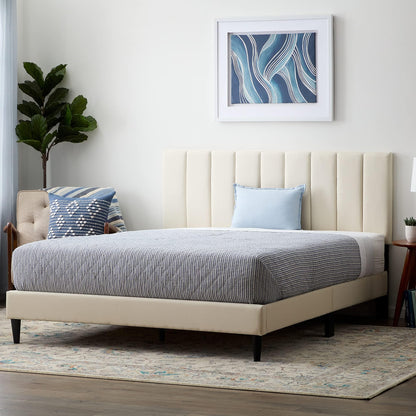 LUCID Upholstered Platform Bed with Channel Tufted Headboard-Sturdy Wood-No Box Spring Required, Pearl, Twin