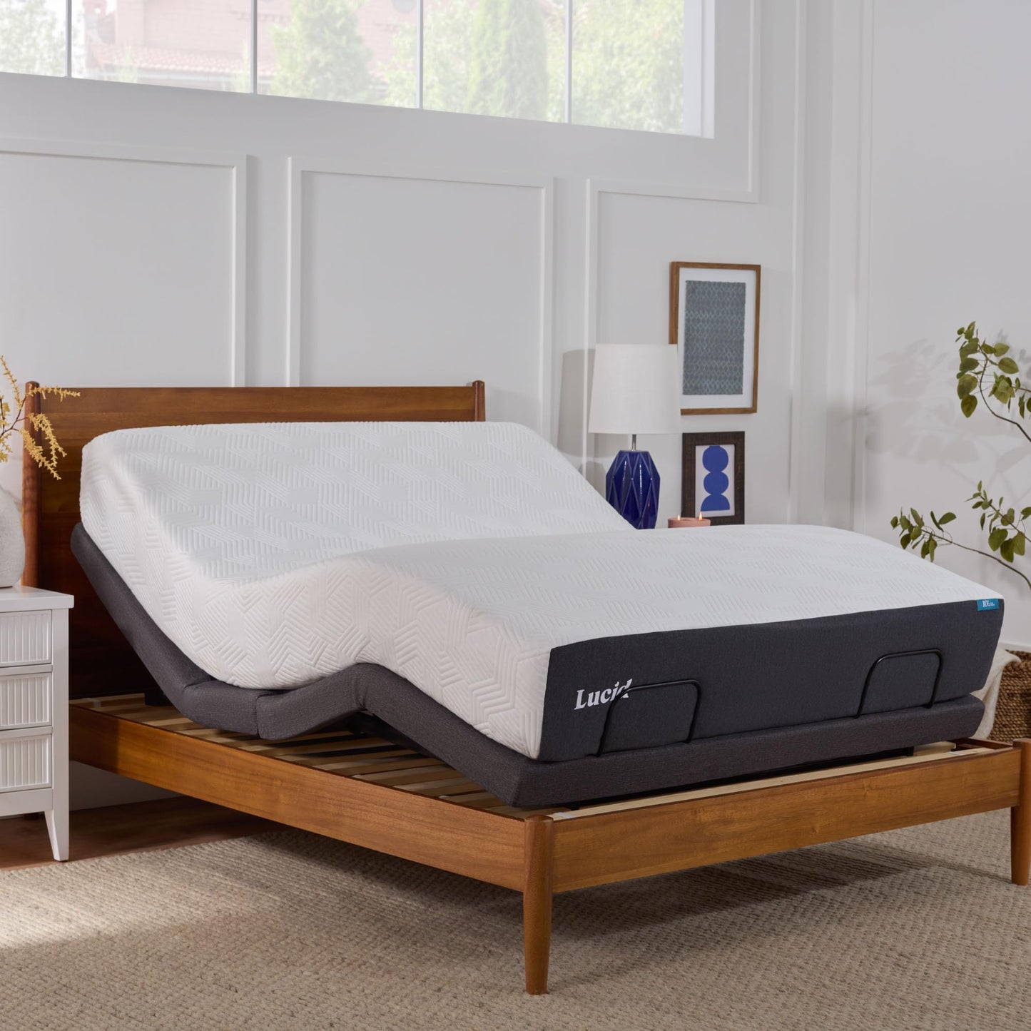 LUCID L300 Adjustable Bed Base - 5 Minute Assembly - Dual USB Charging Stations - Head and Foot Incline - Wireless Remote Control - Upholstered - Ergonomic - Queen - Charcoal Adjustable Base Only