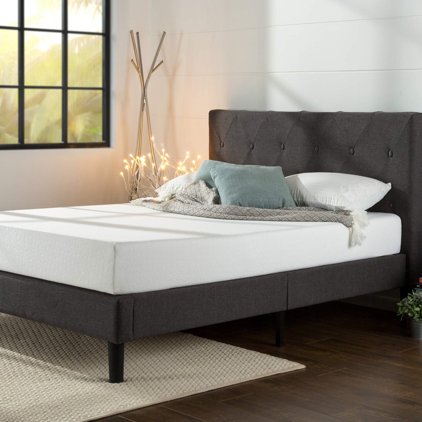 Zinus King Bed Frame - Shalini Upholstered Platform Bed Frame with Full-Sized Headboard - Wood Slat Support, Easy Assembly, No Box Spring Needed, Underbed Storage Space, Dark Grey, King Size