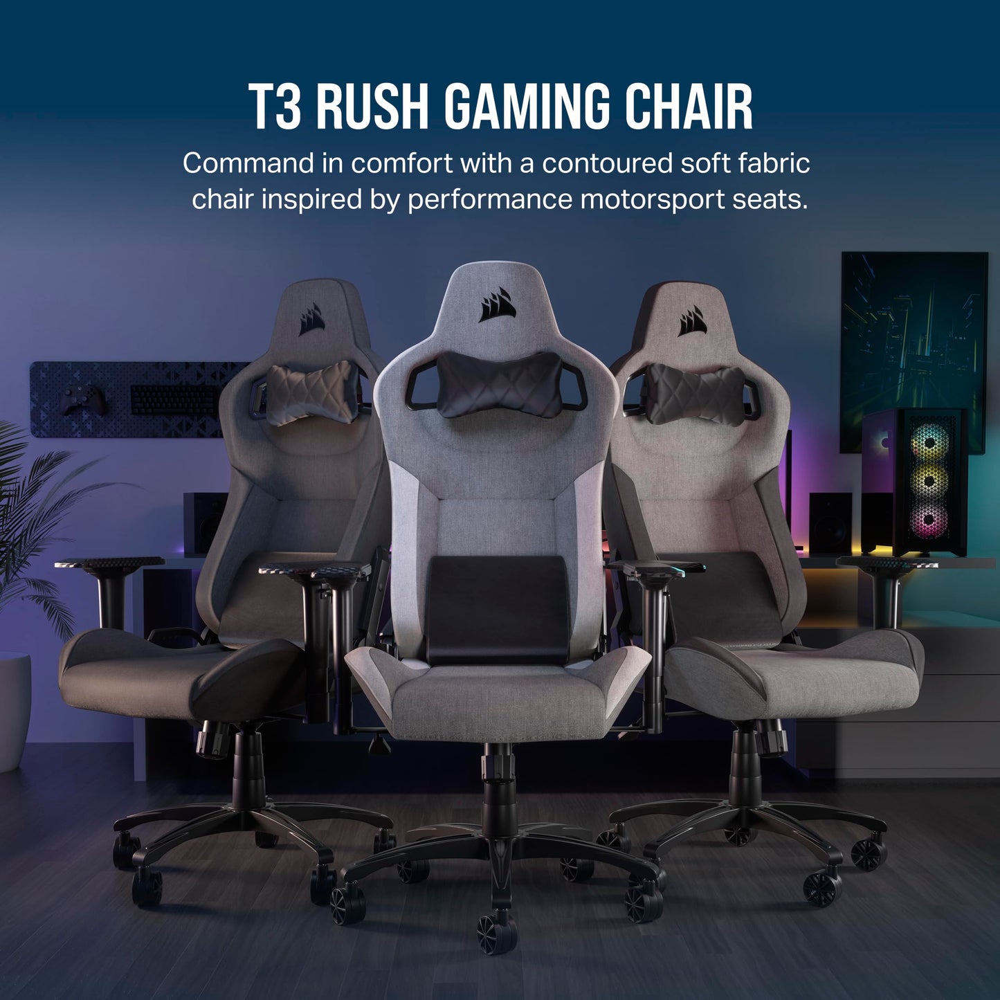 Corsair T3 Rush Fabric Gaming Chair (2023) – Racing-Inspired Design – Soft Fabric Exterior – Padded Neck Cushion – Memory Foam Lumbar Support – Adjustable Seat Height – Gray and White