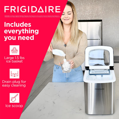 Frigidaire Compact Countertop Ice Maker, Makes 26 Lbs. Of Bullet Shaped Ice Cubes Per Day, Silver Stainless