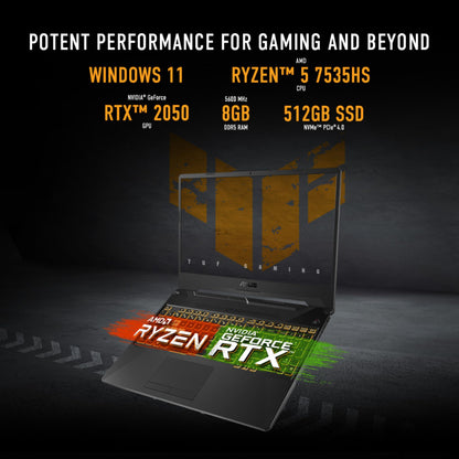 ASUS TUF Gaming A15 Gaming Laptop, 15.6” 144Hz FHD Display, AMD Ryzen™ 5 7535HS Processor, GeForce RTX 2050, 8GB DDR5 RAM, 512GB PCIe SSD Gen 4, Wi-Fi 6, Windows 11, FA506NF-AS51-CA