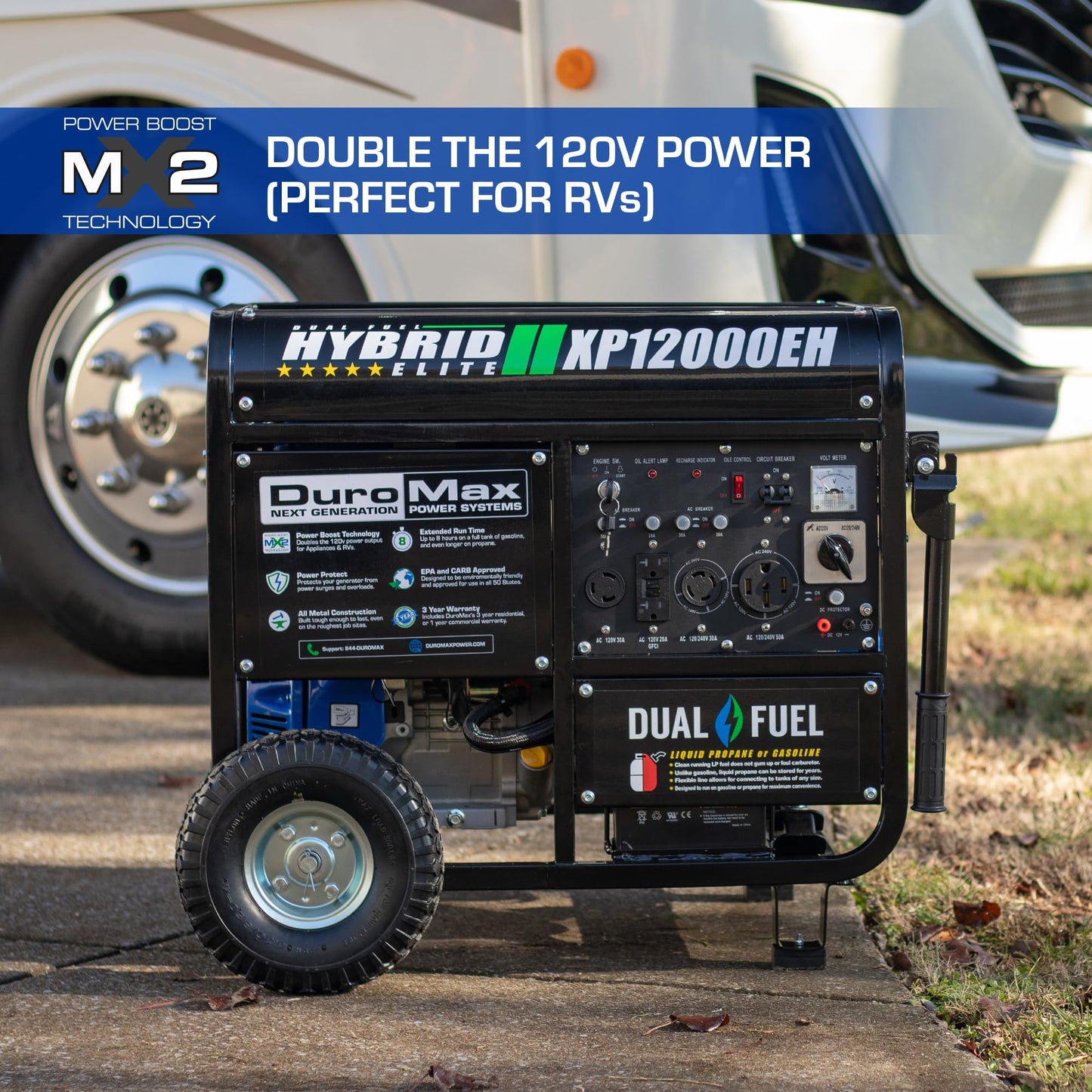 DuroMax XP12000EH Generator-12000 Watt Gas or Propane Powered Home Back Up & RV Ready, 50 State Approved Dual Fuel Electric Start Portable Generator, Black and Blue 12,000-Watt Dual Fuel