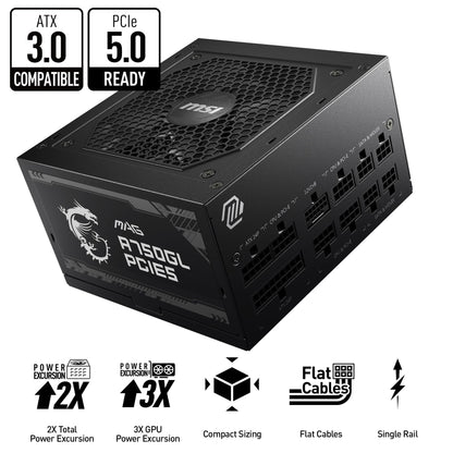 MSI MAG A750GL PCIE 5 Gaming Power Supply - Full Modular - 80 Plus Gold Certified 750W - Compact Size - ATX PSU MAG A750GL PCIE 5 Full Modular 750W Gold