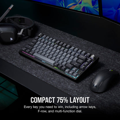 Corsair K65 Plus Wireless 75% RGB Mechanical Gaming Keyboard – Pre-Lubricated MLX Red Linear Switches – PBT Dye-Sub Keycaps – PC, Mac, PS5, PS4, Xbox, iPad – QWERTY NA – Black/Gray