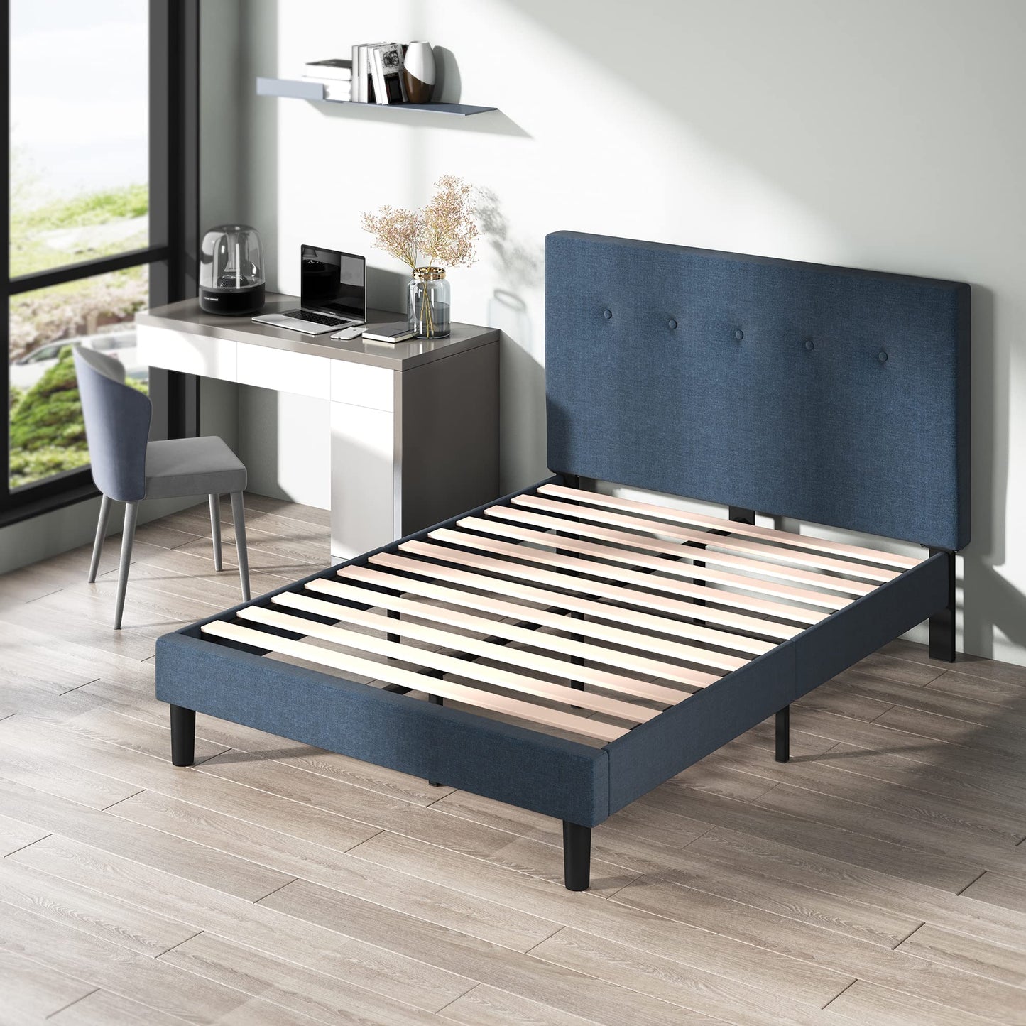 Zinus King Bed Frame - Omkaram Upholstered Platform Bed Frame with Full-Sized Headboard - Wood Slat Support, Easy Assembly, No Box Spring Needed, Underbed Storage Space, King Size