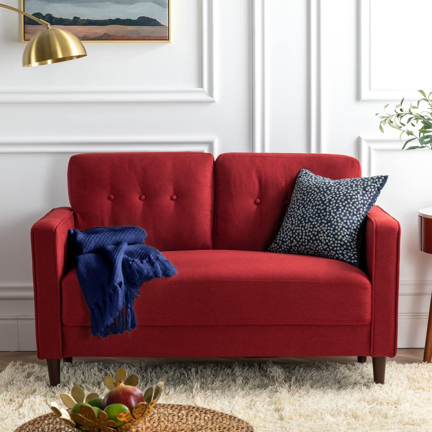 Zinus Mid-Century Upholstered 52.8in Sofa Couch/Loveseat, Ruby Red Weave Loveseat