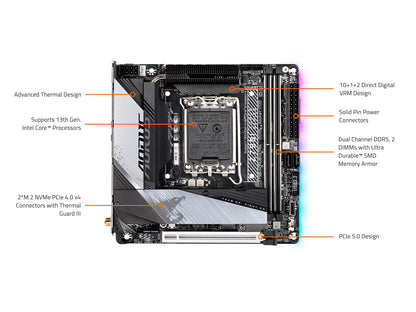 GIGABYTE Z790I AORUS Ultra (LGA 1700/ Intel/ Z790/ Mini-ITX/ DDR5/ Dual M.2/ PCIe 5.0/ USB 3.2 Gen2X2 Type-C/Intel Killer Wi-Fi 6E/ Intel 2.5GbE LAN/Q-Flash Plus/Motherboard)