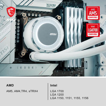 MSI MAG CORELIQUID E360 White - AIO RGB CPU Liquid Cooler - 360mm Radiator - 3 x 120mm ARGB PWN Fans.