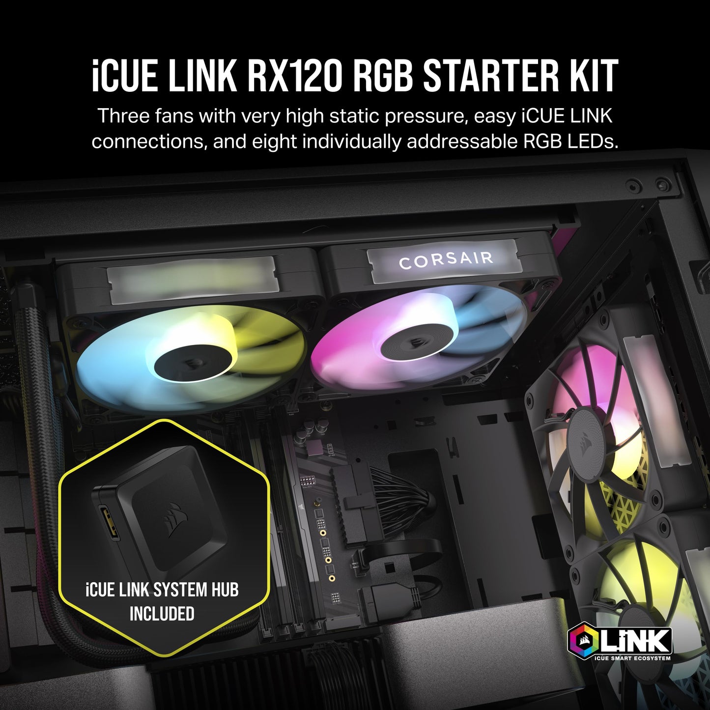 CORSAIR iCUE Link RX120 RGB 120mm PWM Fans with iCUE Link System Hub - Magnetic Dome Bearing - Triple Pack - Black 3 x 120mm