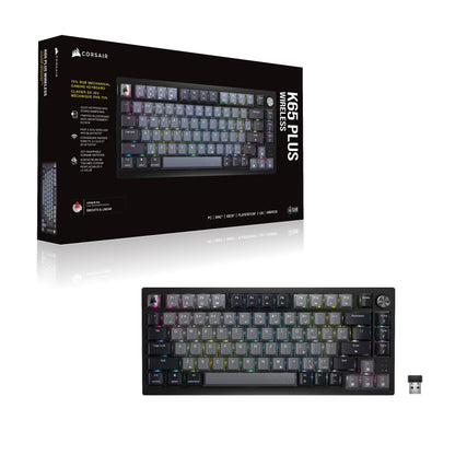 Corsair K65 Plus Wireless 75% RGB Mechanical Gaming Keyboard – Pre-Lubricated MLX Red Linear Switches – PBT Dye-Sub Keycaps – PC, Mac, PS5, PS4, Xbox, iPad – QWERTY NA – Black/Gray