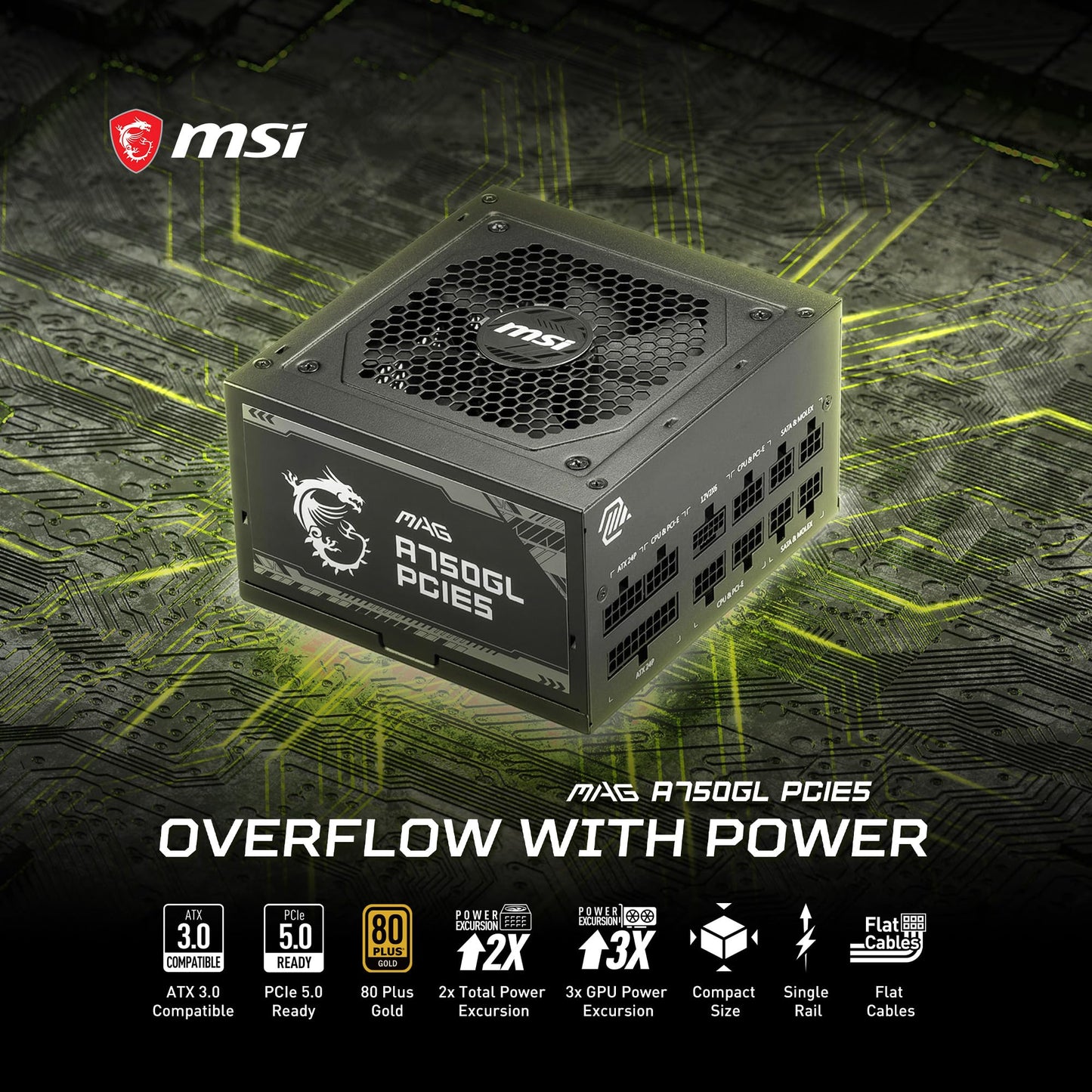 MSI MAG A750GL PCIE 5 Gaming Power Supply - Full Modular - 80 Plus Gold Certified 750W - Compact Size - ATX PSU MAG A750GL PCIE 5 Full Modular 750W Gold