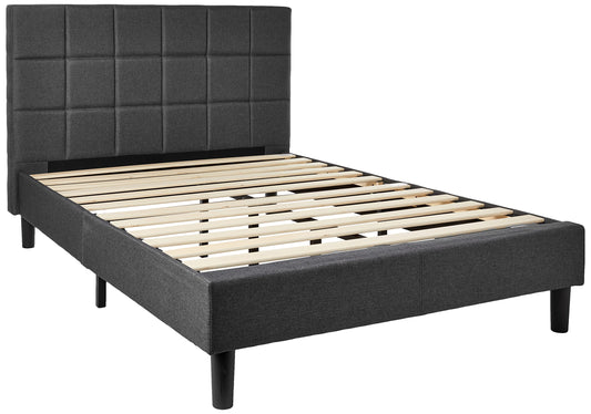 Zinus Full Bed Frame - Square Upholstered Platform Bed Frame with Full-Sized Headboard - Wood Slat Support, Easy Assembly, No Box Spring Needed, Underbed Storage Space, Grey, Full Size Standard