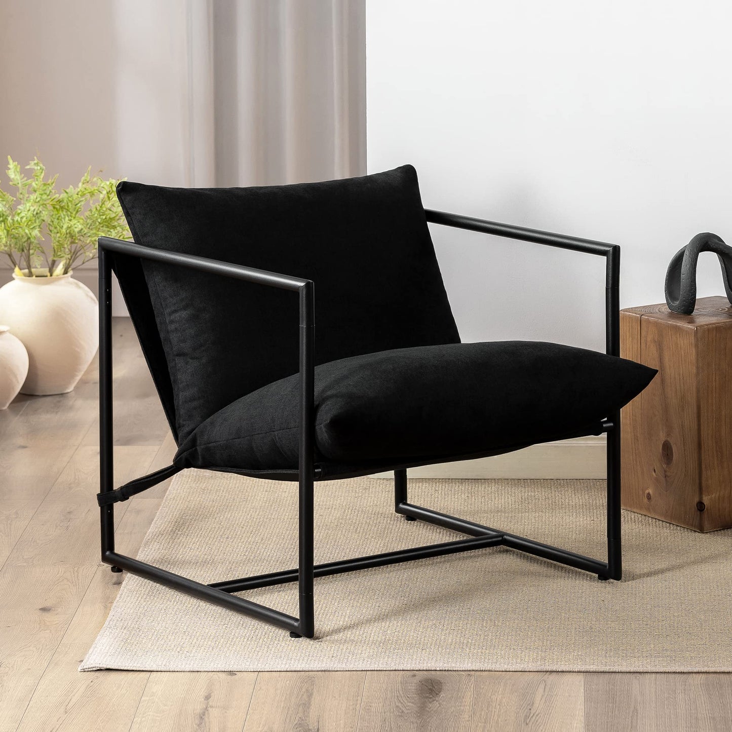 Zinus Aidan Sling Accent Chair – Modern Minimalist Design with Comfort Cushion, Durable Metal Framed Armchair with Foam Cushioning, Stylish Accent, Versatile Use, Black Solid