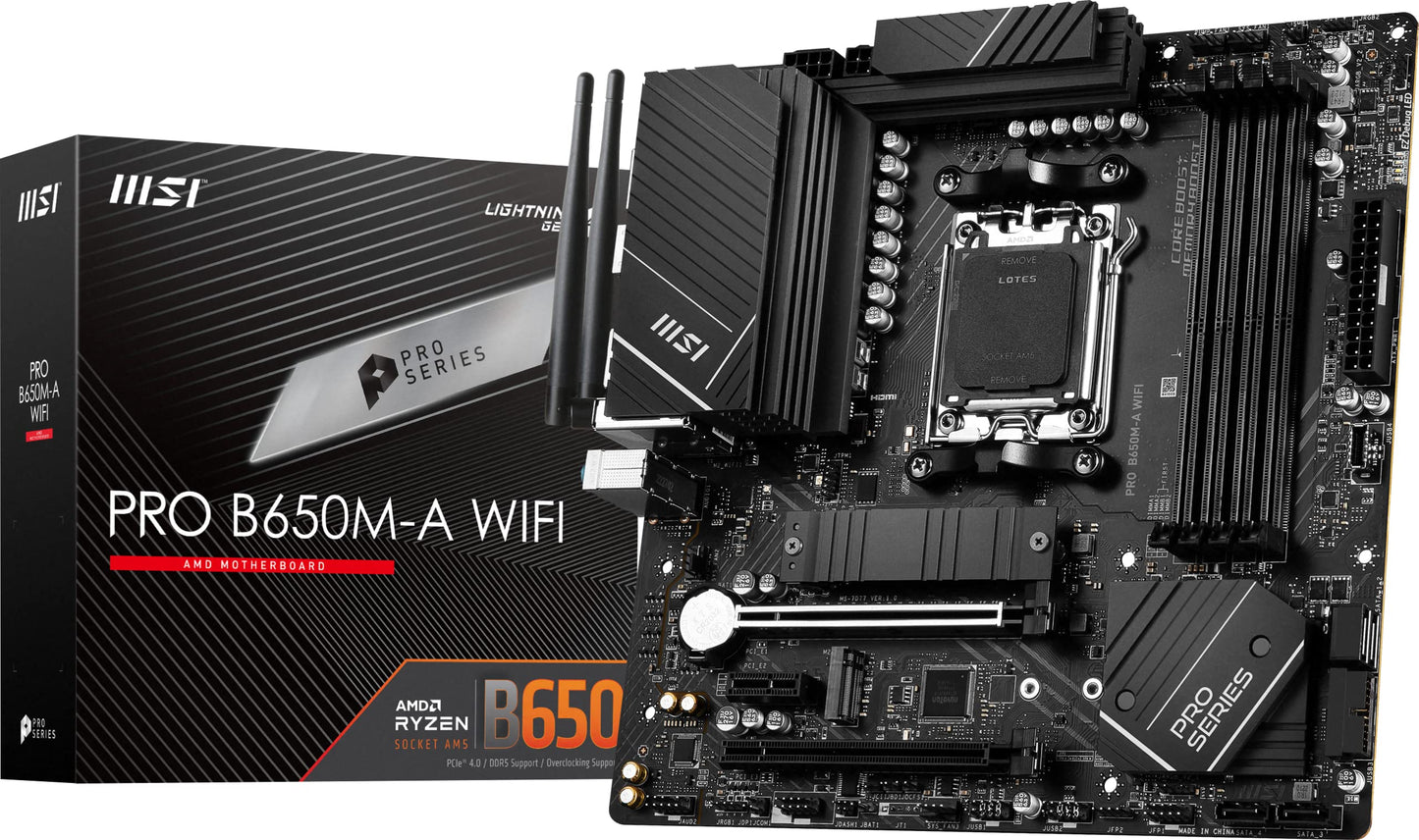 MSI PRO B650M-A WiFi ProSeries Motherboard (AMD AM5, mATX, DDR5, PCIe 4.0, M.2, SATA 6Gb/s, USB 3.2 Gen 2, HDMI/DP, Wi-Fi 6E, AMD Ryzen 7000 Series Desktop Processors)