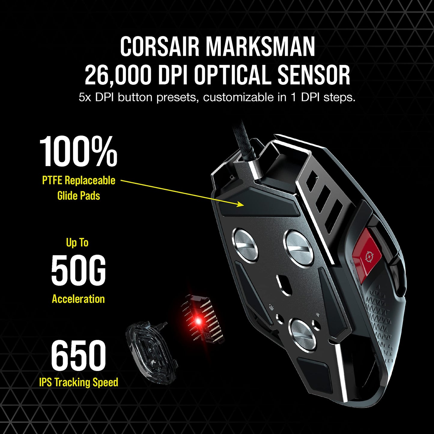 Corsair M65 RGB Ultra Tunable FPS Gaming Mouse Marksman 26,000 DPI Optical Sensor, Optical Switches, AXON Hyper-Processing Technology, Sensor Fusion Control, Tunable Weight System - Black M65 ULTRA WIRED