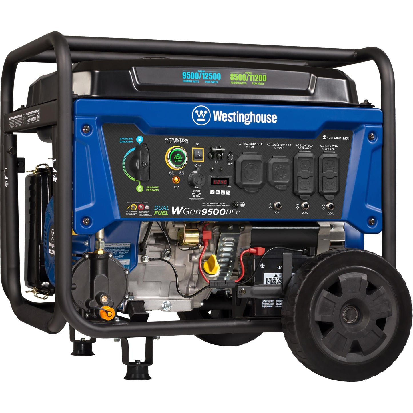 Westinghouse Outdoor Power Equipment 12500 Peak Watt Dual Fuel Home Backup Portable Generator, Remote Electric Start, Transfer Switch Ready, Gas and Propane Powered, CO Sensor 12500 Watts - Dual Fuel - CO Sensor