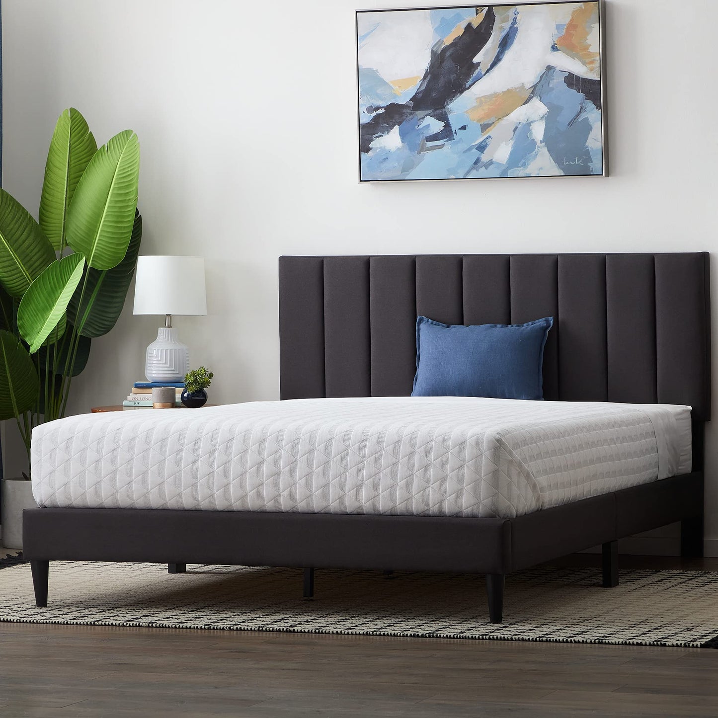 LUCID Upholstered Platform Bed with Channel Tufted Headboard-Sturdy Wood-No Box Spring Required, Charcoal, King