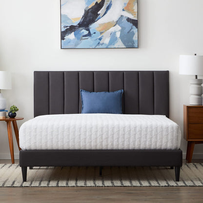 LUCID Upholstered Platform Bed with Channel Tufted Headboard-Sturdy Wood-No Box Spring Required, Charcoal, Twin