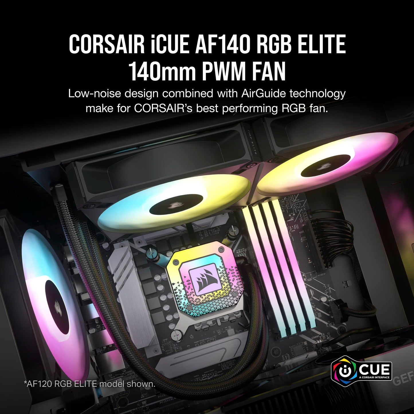 Corsair iCUE AF140 RGB Elite 140mm PWM Fan - Eight RGB LEDs - AirGuide Technology - Fluid Dynamic Bearing - Zero RPM Fan Mode - CORSAIR iCUE Software Compatible - Black