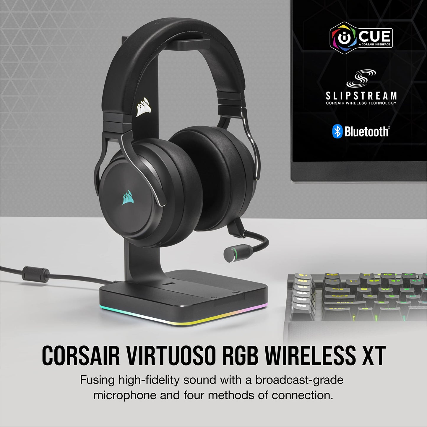 CORSAIR VIRTUOSO RGB WIRELESS XT High-Fidelity Gaming Headset (Slate) + Corsair CA-9011167-NA Gaming ST100 RGB Premium Headset Stand Headset + Headset Stand, ST100