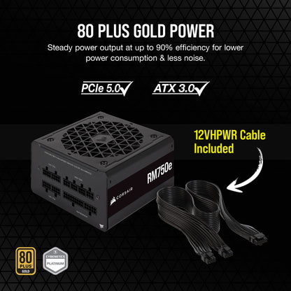 Corsair RM750e (2023) Fully Modular Low-Noise Power Supply - ATX 3.0 & PCIe 5.0 Compliant - 105°C-Rated Capacitors - 80 Plus Gold Efficiency - Modern Standby Support - Black RMe (2023) ATX 3.0 & PCIe 5.0 750 Watts