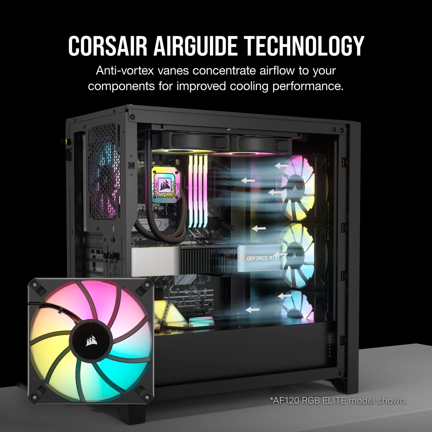 Corsair iCUE AF140 RGB Elite 140mm PWM Fan - Eight RGB LEDs - AirGuide Technology - Fluid Dynamic Bearing - Zero RPM Fan Mode - CORSAIR iCUE Software Compatible - Black