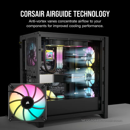 Corsair iCUE AF140 RGB Elite 140mm PWM Fan - Eight RGB LEDs - AirGuide Technology - Fluid Dynamic Bearing - Zero RPM Fan Mode - CORSAIR iCUE Software Compatible - Black