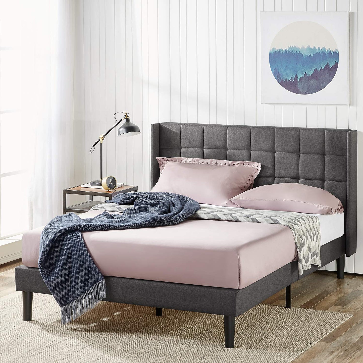 ZINUS Dori Upholstered Platform Bed Frame with Wingback Headboard / Mattress Foundation / Wood Slat Support / No Box Spring Needed / Easy Assembly, Queen Grey Traditional