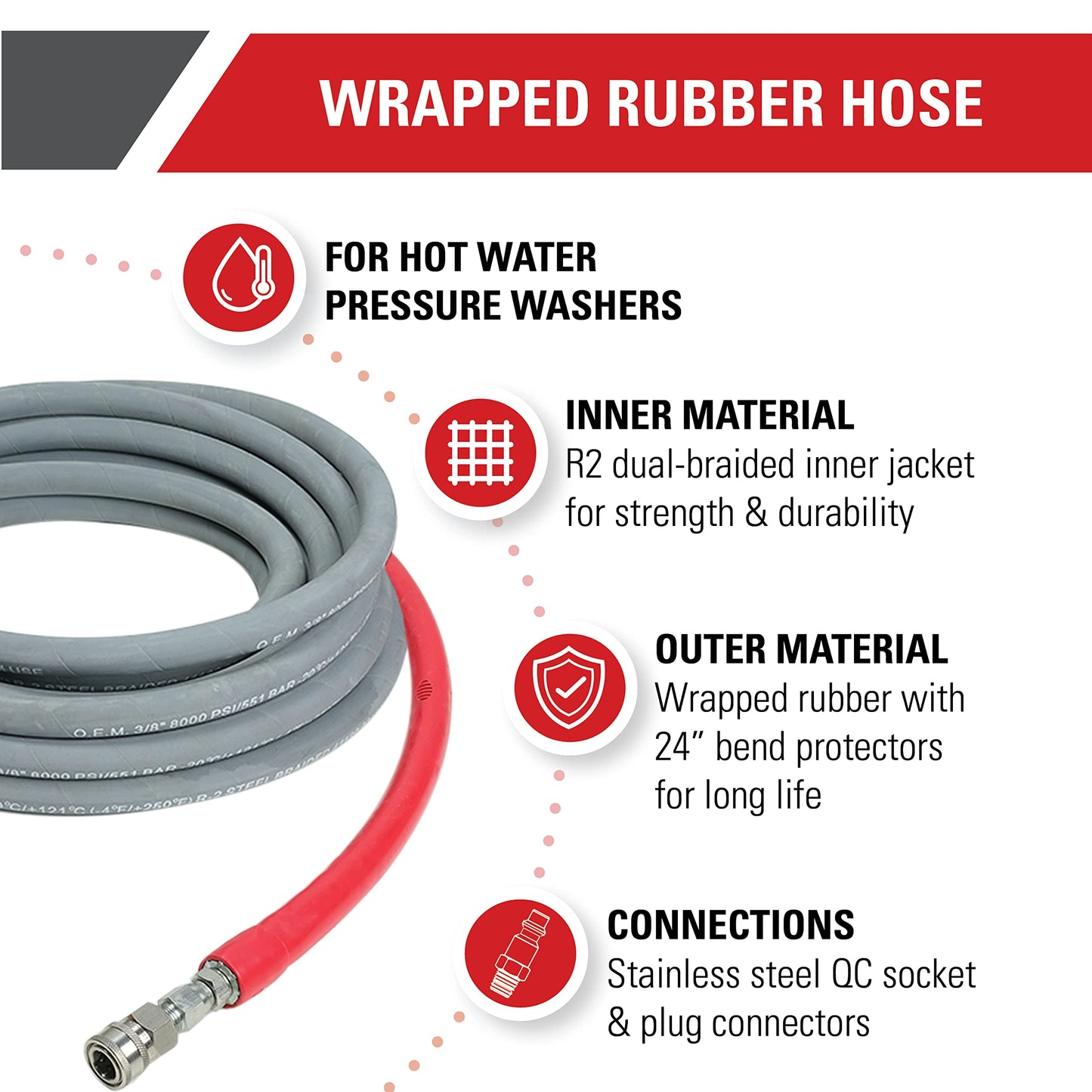 Simpson Cleaning 41190 10000 psi R2 Wrapped Rubber Hot and Cold Water Replacement/Extension Hose, 1/2" X 50' 1/2-Inch by 50-Foot