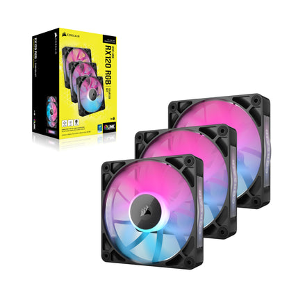 CORSAIR iCUE Link RX120 RGB 120mm PWM Fans with iCUE Link System Hub - Magnetic Dome Bearing - Triple Pack - Black 3 x 120mm