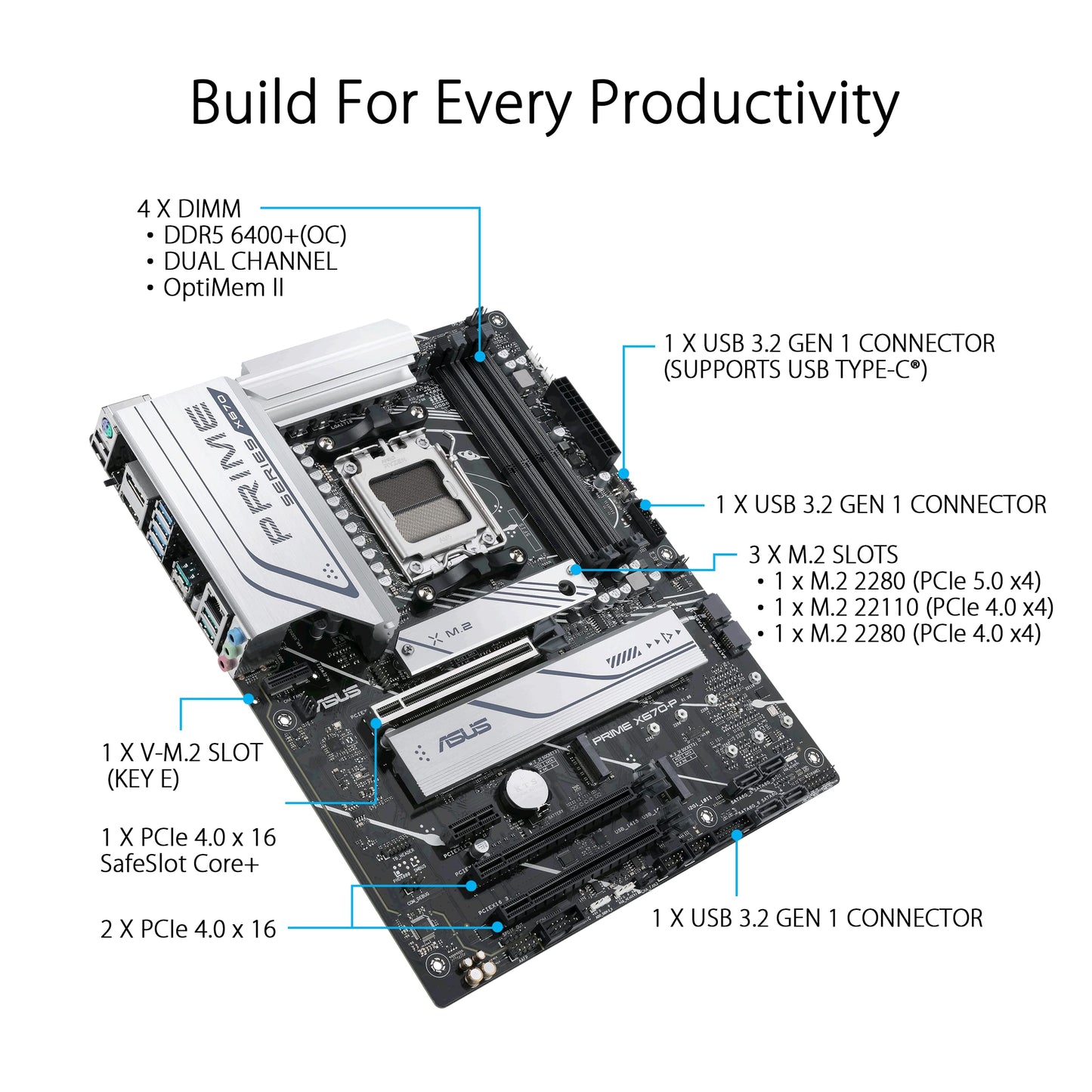 ASUS Prime X670-P AMD X670 AM5 Ryzen™ Desktop 9000 8000 & 7000 ATX Motherboard with Three M.2 Slots, DDR5, USB 3.2 Gen 2x2 Type-C®, USB4® Header, and 2.5Gb Ethernet