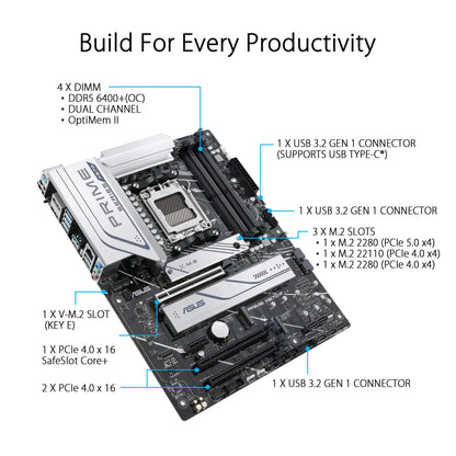 ASUS Prime X670-P AMD X670 AM5 Ryzen™ Desktop 9000 8000 & 7000 ATX Motherboard with Three M.2 Slots, DDR5, USB 3.2 Gen 2x2 Type-C®, USB4® Header, and 2.5Gb Ethernet