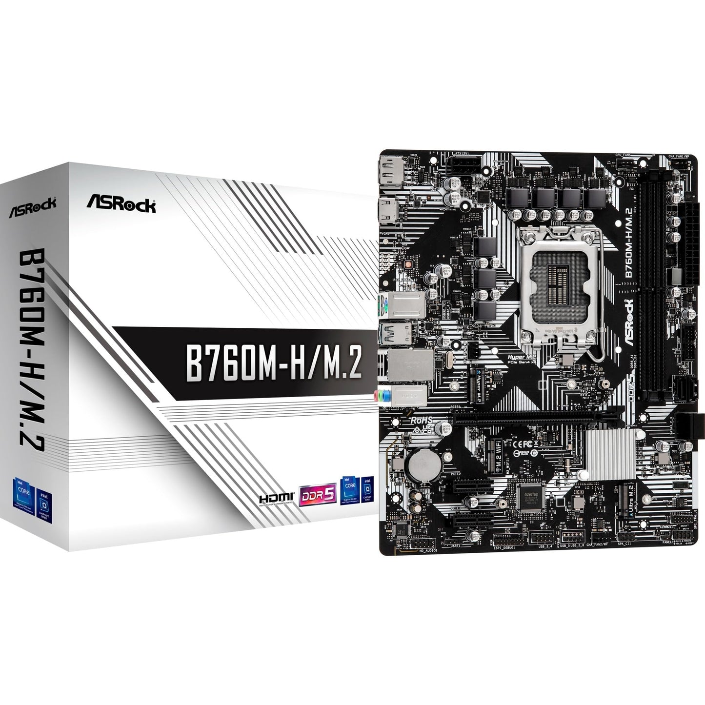 ASRock B760M-H/M.2 14th 13th 12th Gen Intel Core LGA1700 DDR5 7200 MHz 96 GB HDMI DisplayPort 5+1+1 Power Phase SATA3 6.0 Gb/s Micro ATX