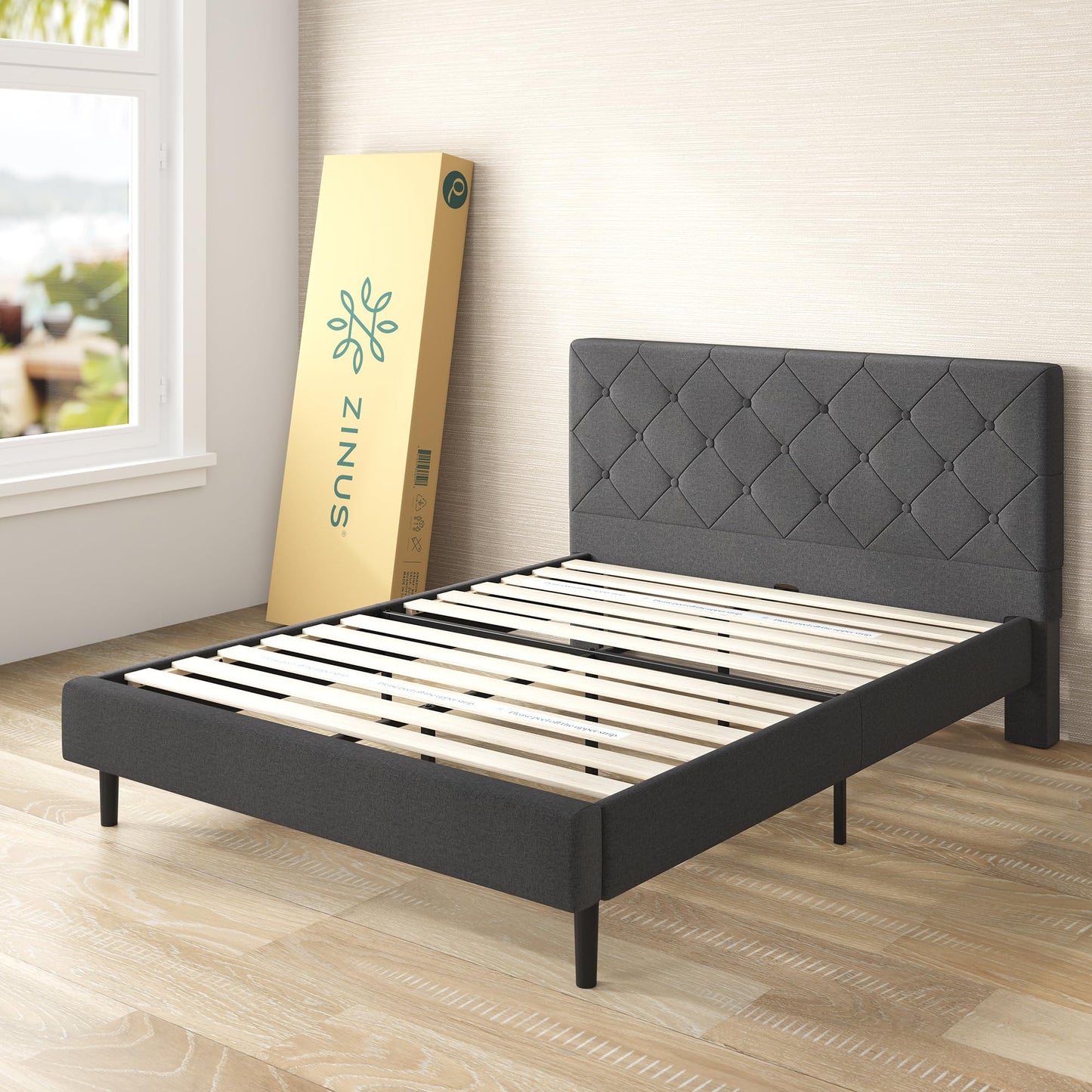 ZINUS King Shalini Upholstered Platform Bed Frame with Headboard [New WonderBox(TM) Version], Wooden Slat Support, No Box Spring Needed, Easy Assembly, Eco Friendly Packaging, Dark Grey Diamond Tufted New Small Box