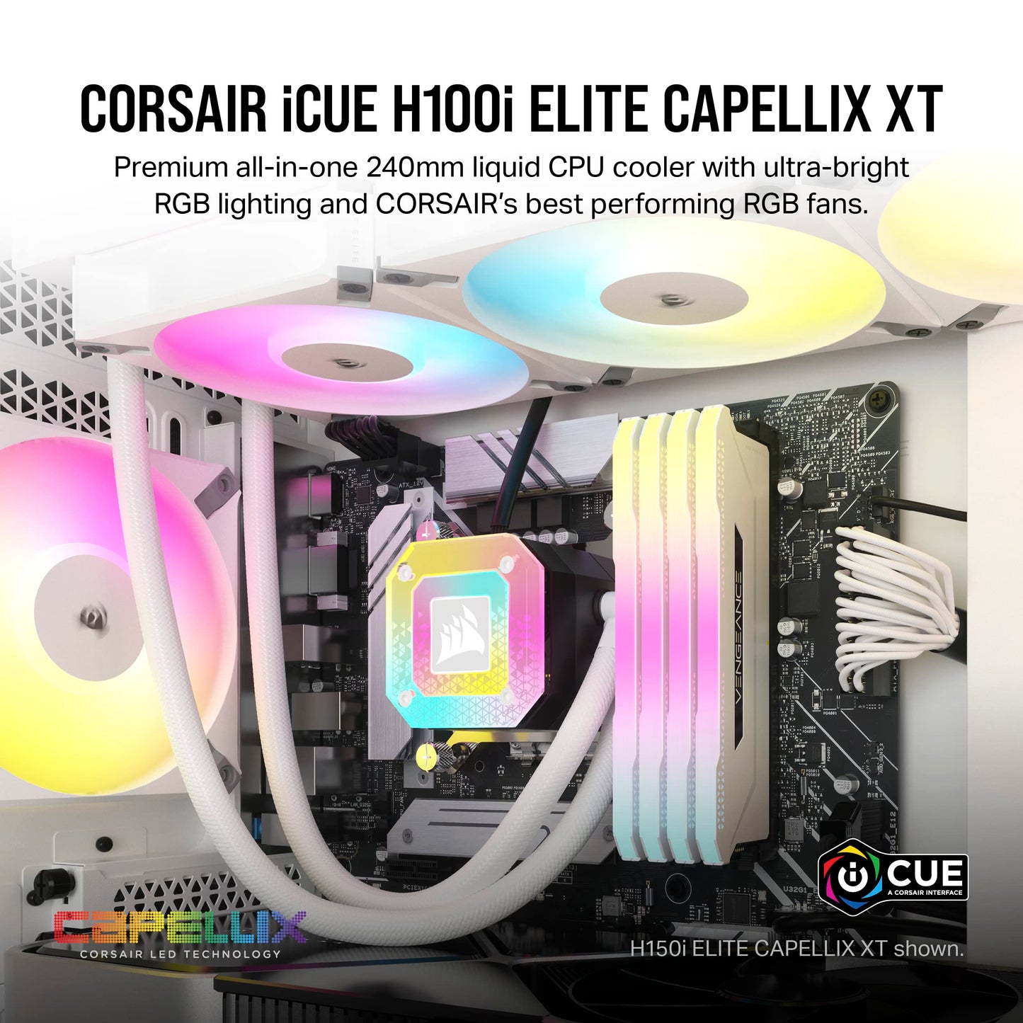 Corsair iCUE H100i Elite CAPELLIX XT Liquid CPU Cooler - Two AF120 RGB Elite Fans - 240mm Radiator - Intel® LGA 1700, 1200, 115X, 2066, AMD® AM5, AM4 - Included iCUE Commander CORE - White 240mm AIO