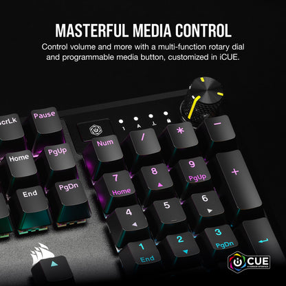 CORSAIR K70 CORE RGB Mechanical Gaming Keyboard - Pre-lubricated Corsair MLX Red Linear Keyswitches - Sound Dampening - Media Control Dial - iCUE Compatible - QWERTY NA Layout - Black