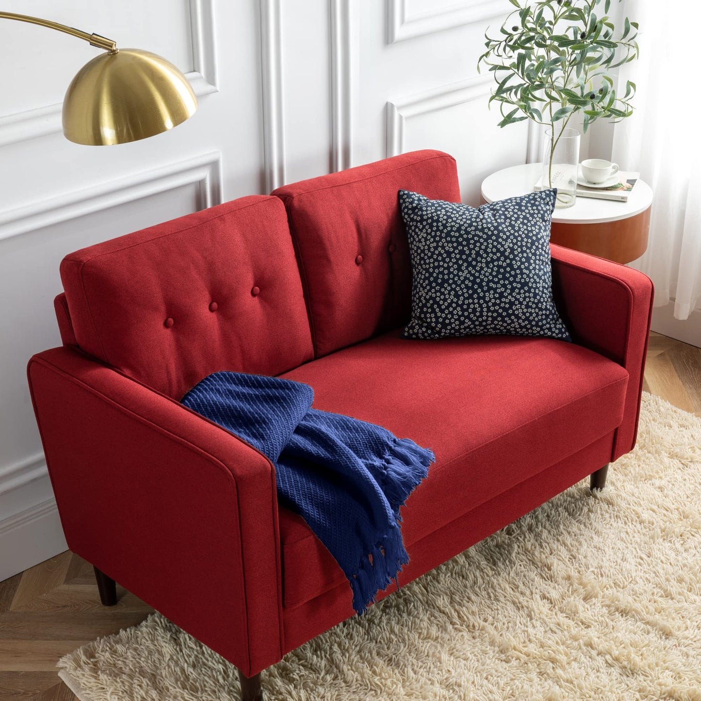 Zinus Mid-Century Upholstered 52.8in Sofa Couch/Loveseat, Ruby Red Weave Loveseat