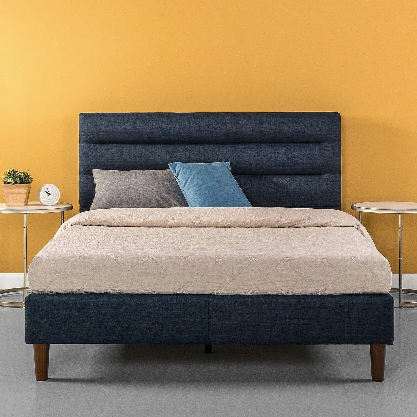 Zinus FHCP-Q Upholstered Horizontally Cushioned Platform Bed / Strong Wood Slat Support in Navy, Queen