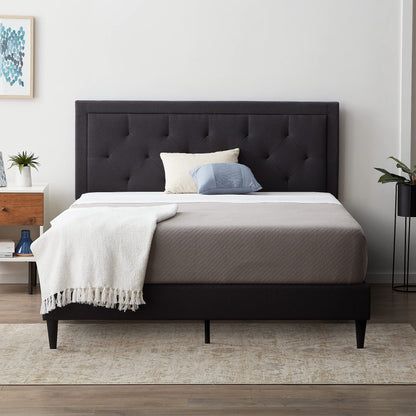 LUCID Upholstered Bed with Diamond Tufted Headboard-Sturdy Wood Build-No Box Spring Required Platform, Queen, Charcoal