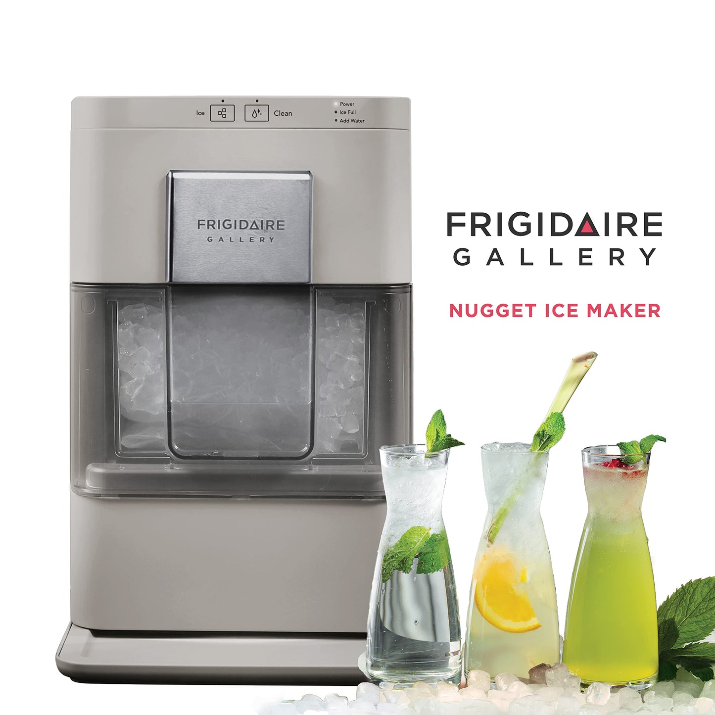 FRIGIDAIRE Gallery Countertop Crunchy Chewable Nugget Ice Maker, 44lbs per Day, Auto Self Cleaning, 2.0 Gen- 14.6" D x 10.00" W x 16.5" H (Cream)