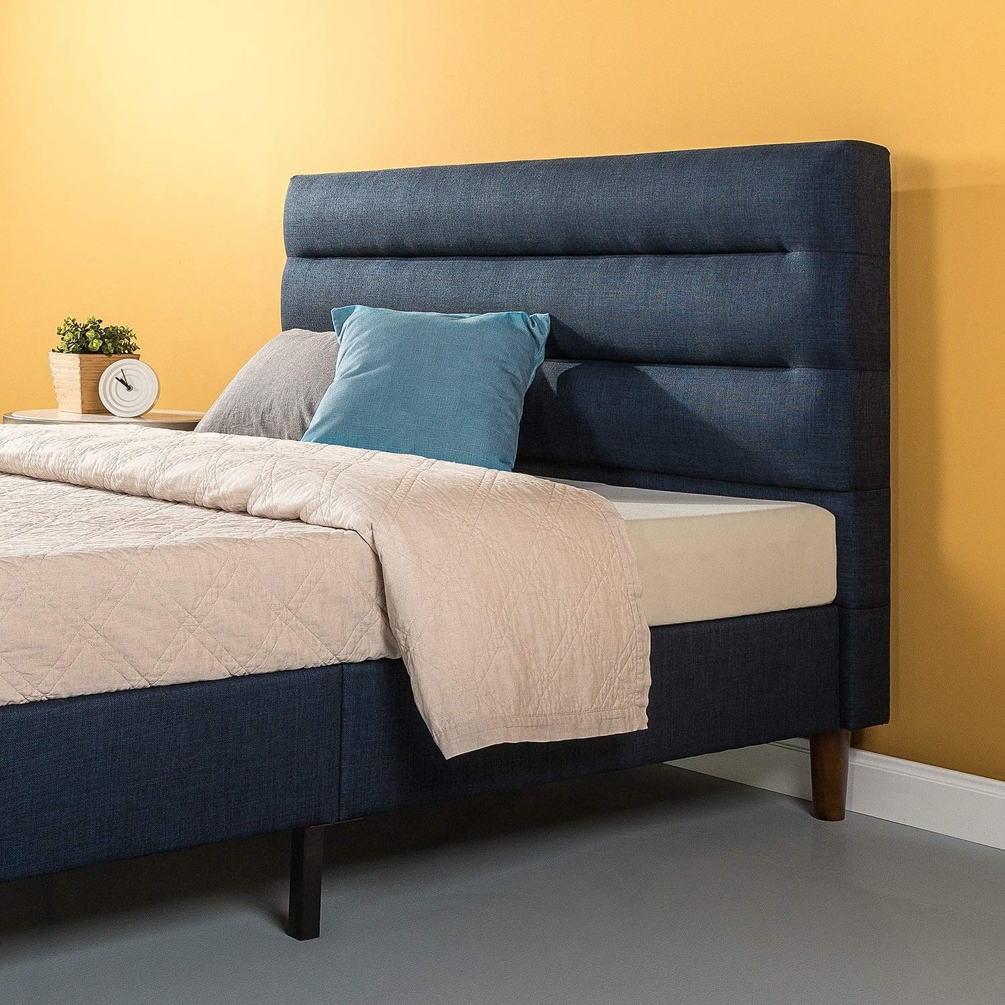 Zinus FHCP-Q Upholstered Horizontally Cushioned Platform Bed / Strong Wood Slat Support in Navy, Queen