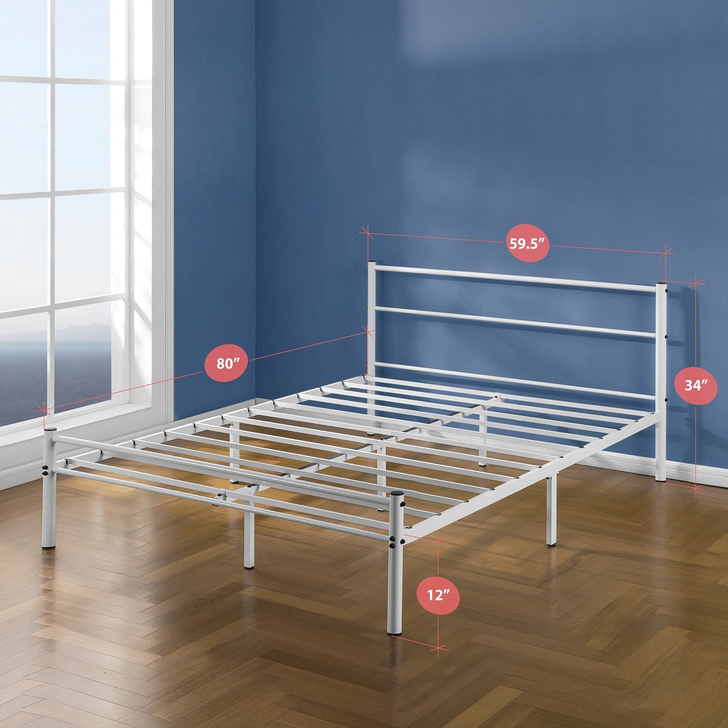 Zinus Queen Bed Frame - Geraldine 12 inch White Metal Platform Bed Frame with Headboard – No Box Spring Needed, Under Bed Storage Space, Easy Assembly, Durable Steel Slat Support, Queen Size Traditional