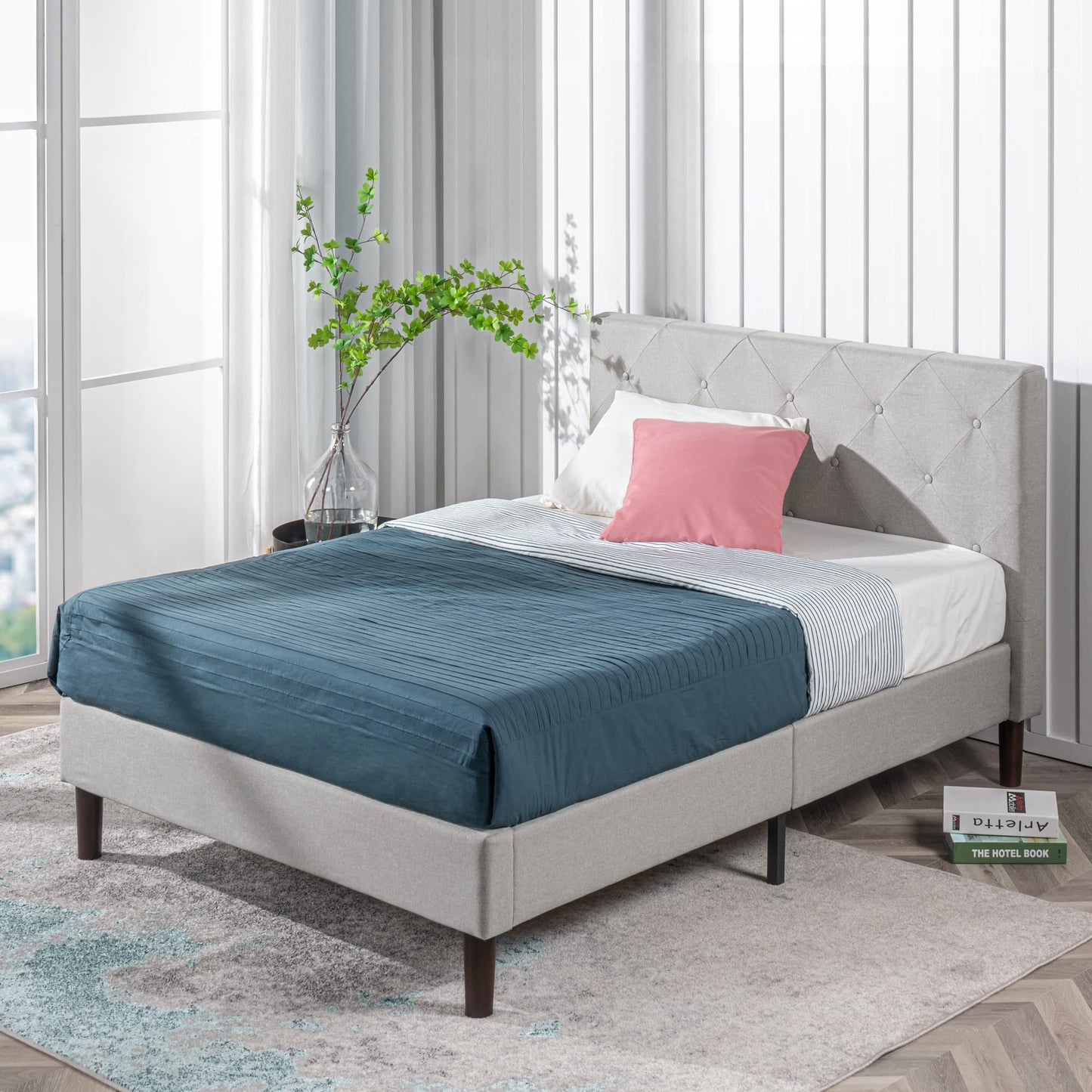 Zinus FDPB-LG-K Upholstered Diamond Stitched Platform Bed in Sage Grey, King