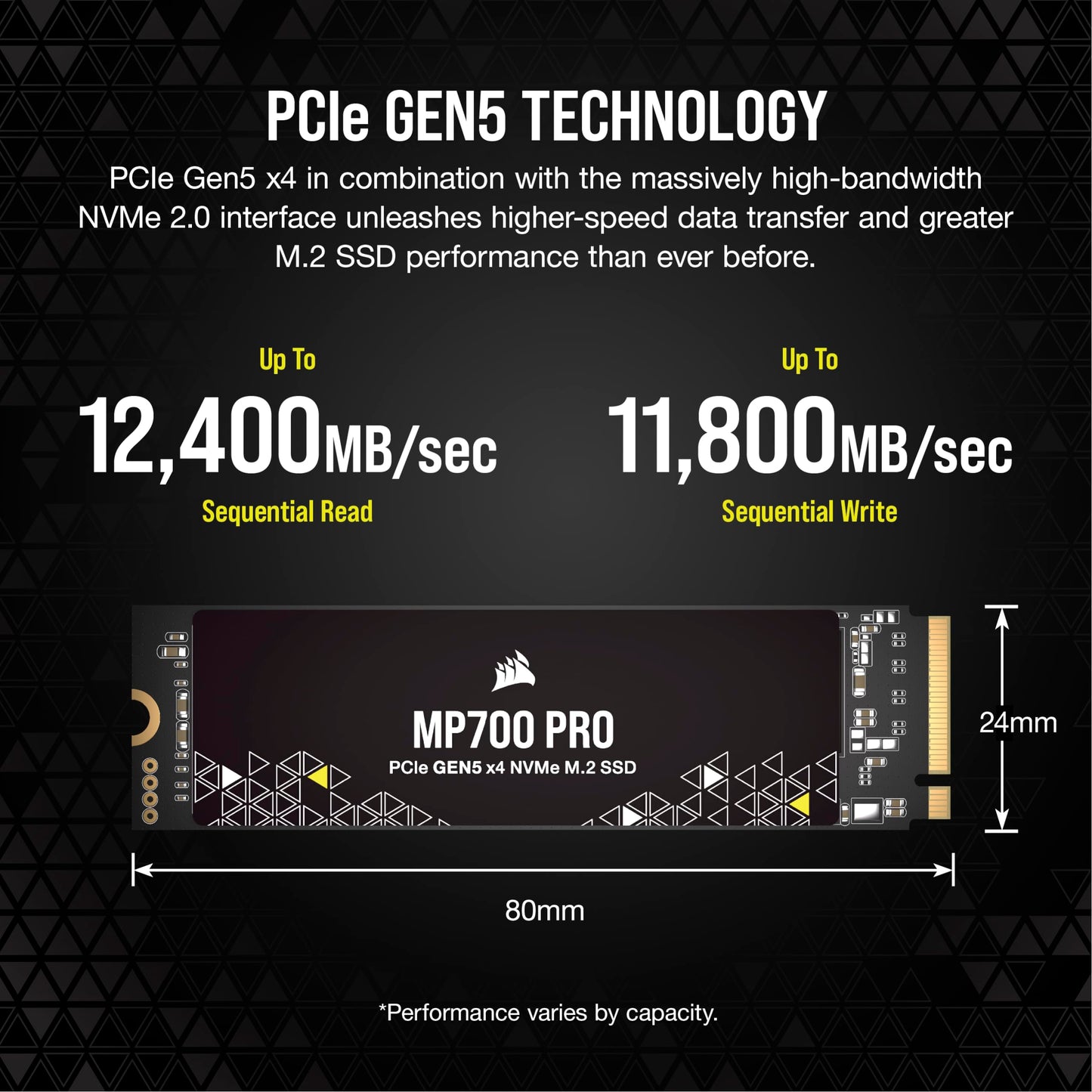 Corsair MP700 PRO 2TB M.2 PCIe Gen5 x4 NVMe 2.0 SSD – M.2 2280 – Up to 12,400MB/sec Sequential Read – High-Density TLC NAND – Black