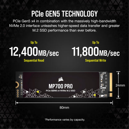 Corsair MP700 PRO 2TB M.2 PCIe Gen5 x4 NVMe 2.0 SSD – M.2 2280 – Up to 12,400MB/sec Sequential Read – High-Density TLC NAND – Black